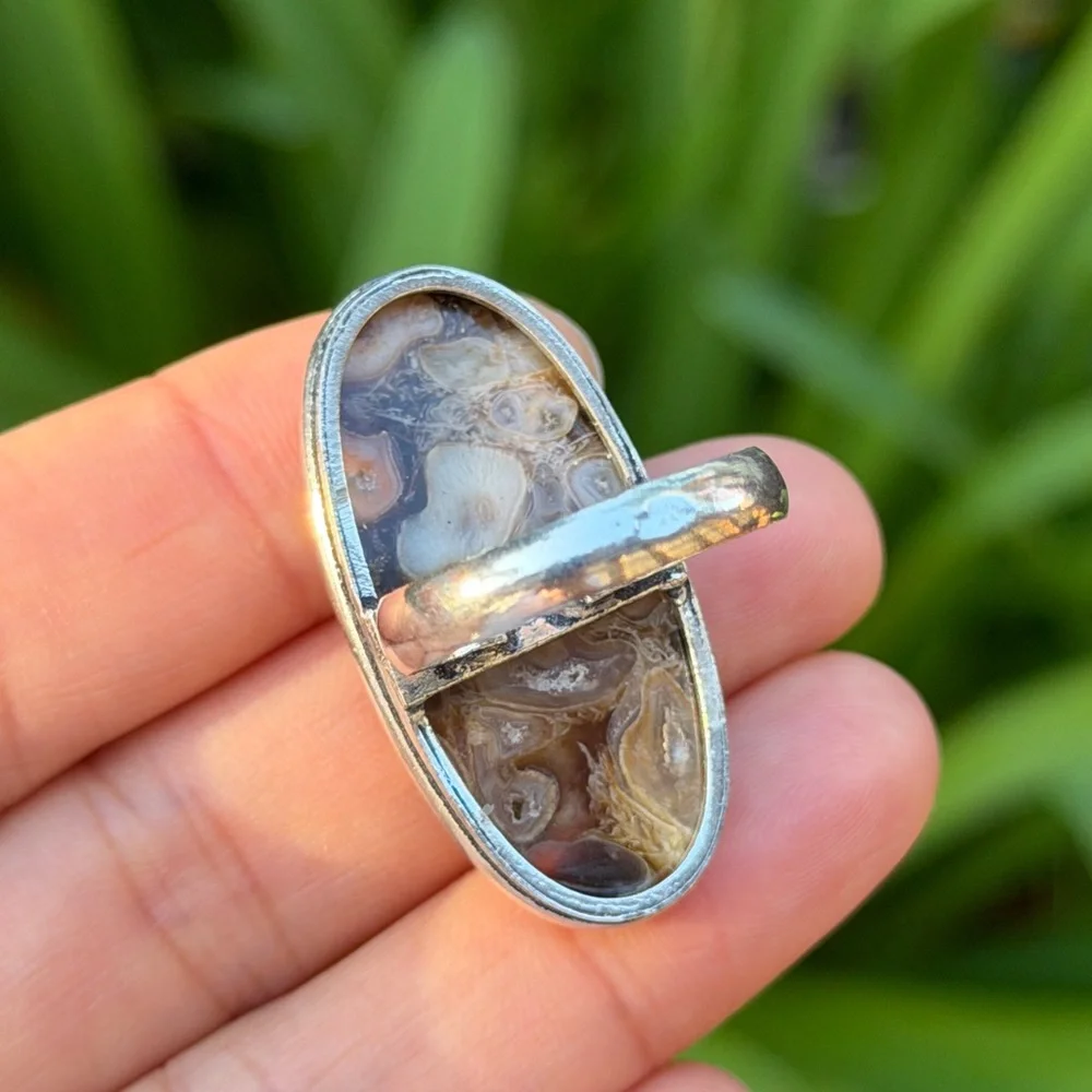 Size 9.5 925 silver plated druzy stick‎ agate ring 0686